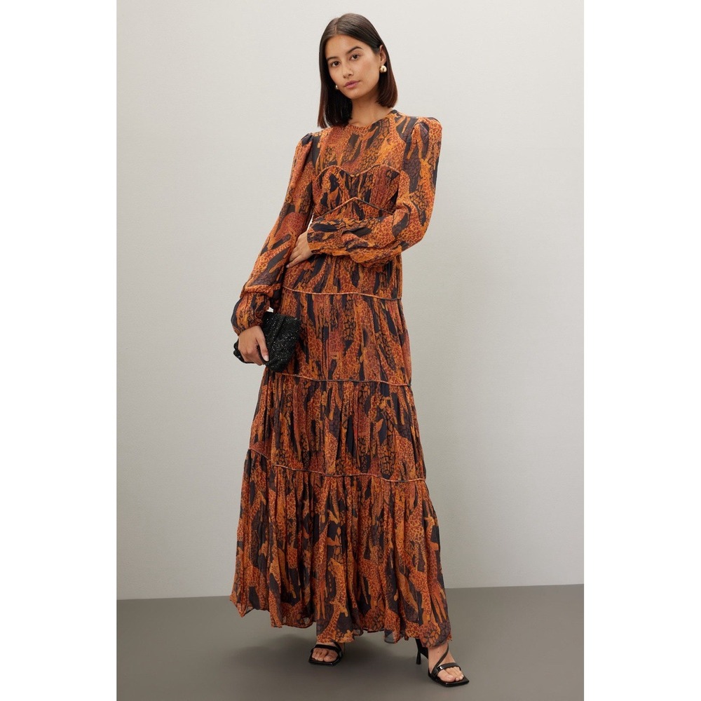 FARM Rio Giraffes Puff Sleeve Maxi Dress XL Orange Brown Animal Print Boho Chic